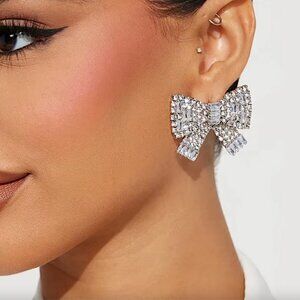 NEW ~ Anthropologie Oversized Rhinestone Bow Silver Earrings